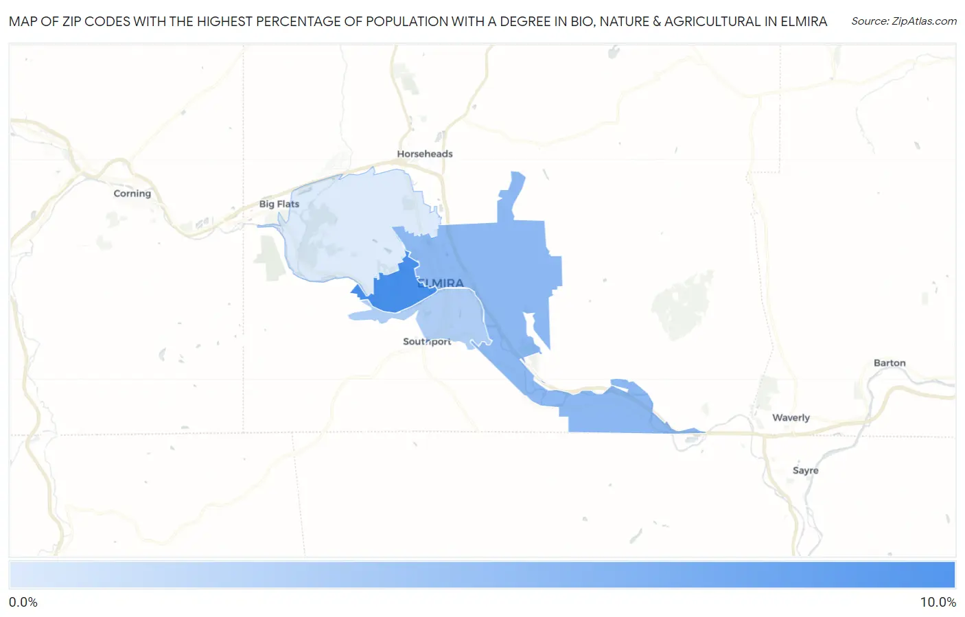Zip Codes with the Highest Percentage of Population with a Degree in Bio, Nature & Agricultural in Elmira Map
