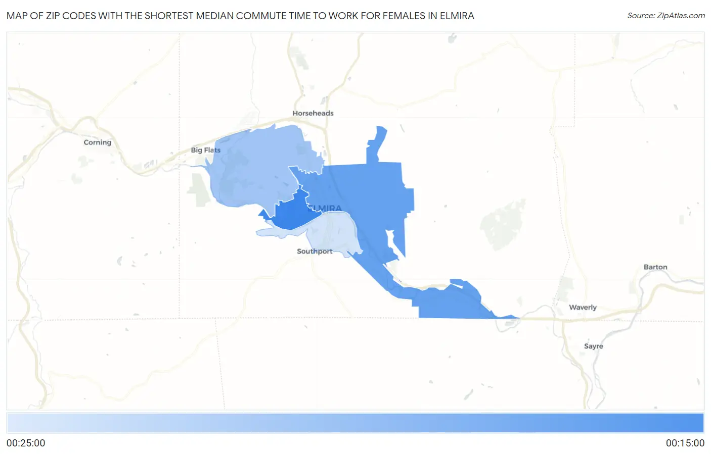 Zip Codes with the Shortest Median Commute Time to Work for Females in Elmira Map
