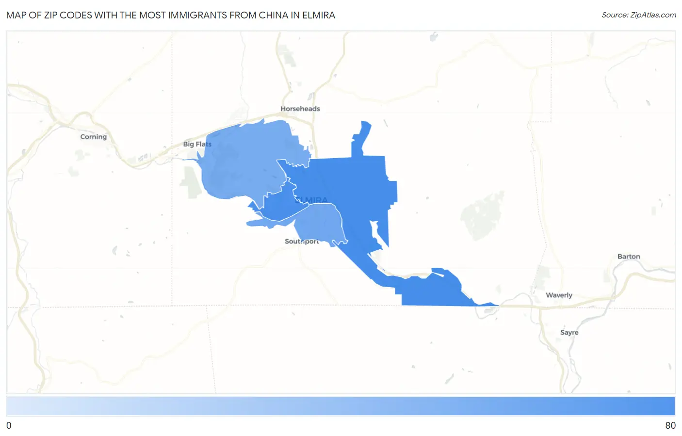 Zip Codes with the Most Immigrants from China in Elmira Map