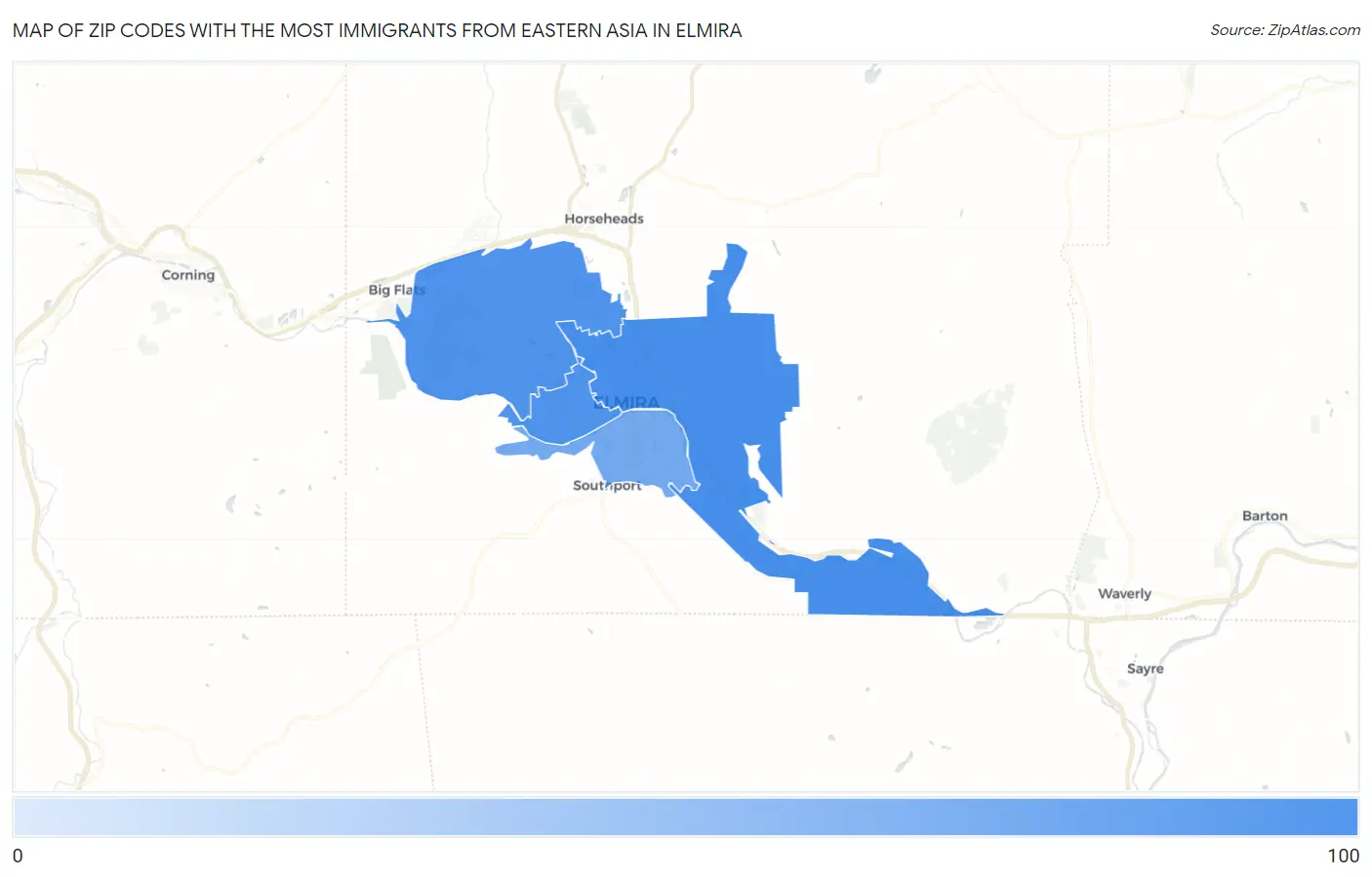 Zip Codes with the Most Immigrants from Eastern Asia in Elmira Map