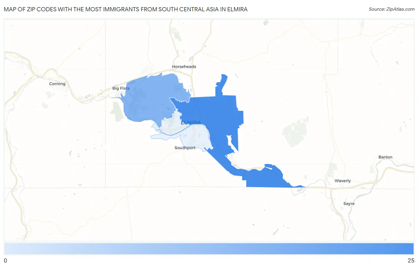 Zip Codes with the Most Immigrants from South Central Asia in Elmira Map