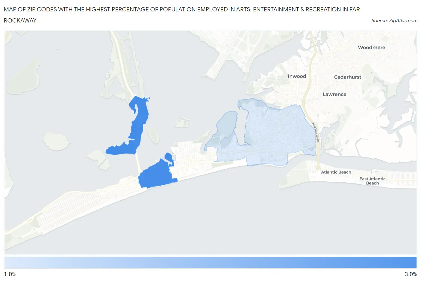Zip Codes with the Highest Percentage of Population Employed in Arts, Entertainment & Recreation in Far Rockaway Map