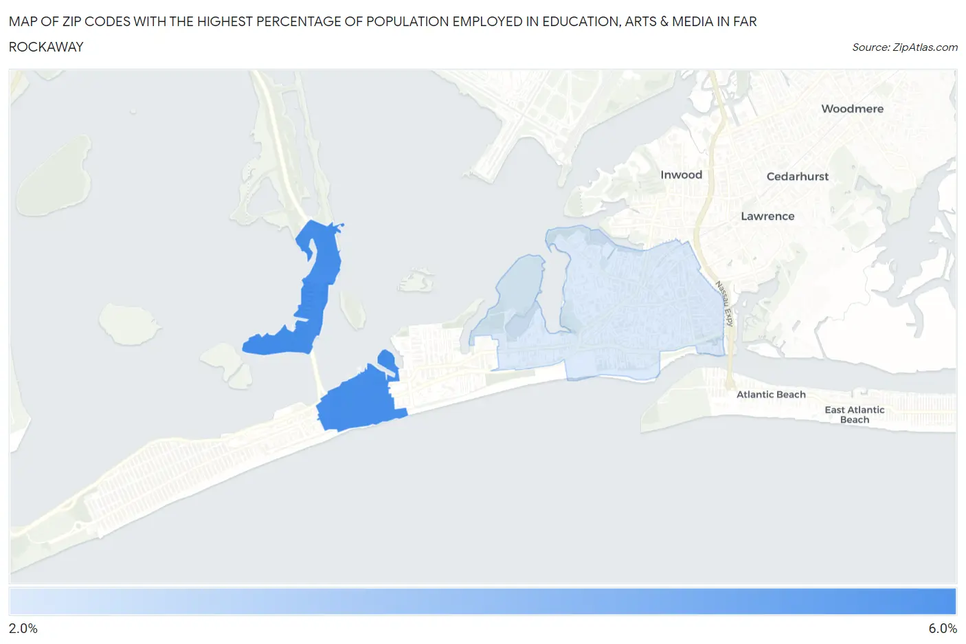 Zip Codes with the Highest Percentage of Population Employed in Education, Arts & Media in Far Rockaway Map