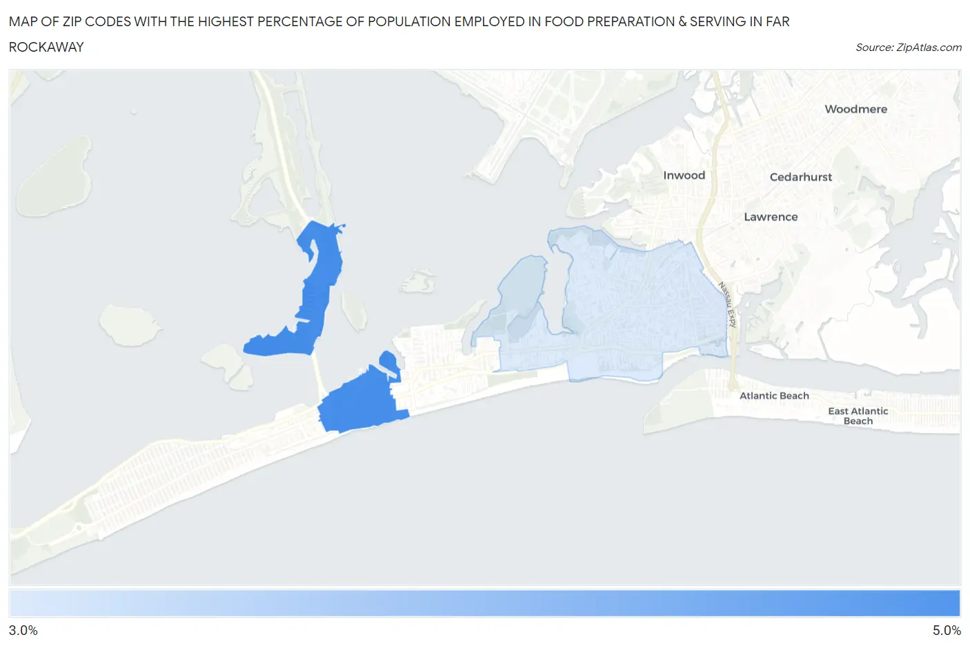 Zip Codes with the Highest Percentage of Population Employed in Food Preparation & Serving in Far Rockaway Map