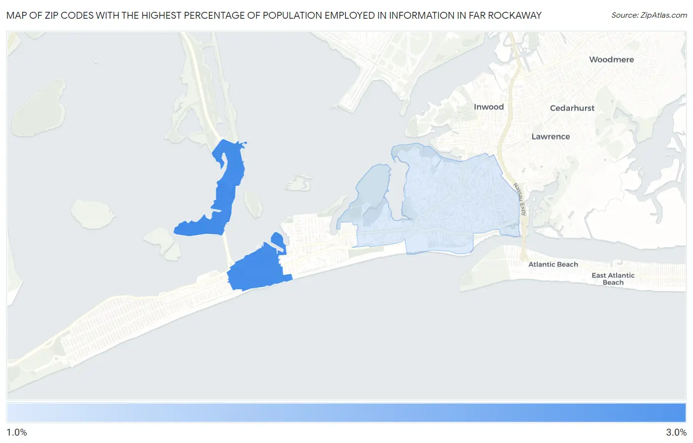 Zip Codes with the Highest Percentage of Population Employed in Information in Far Rockaway Map