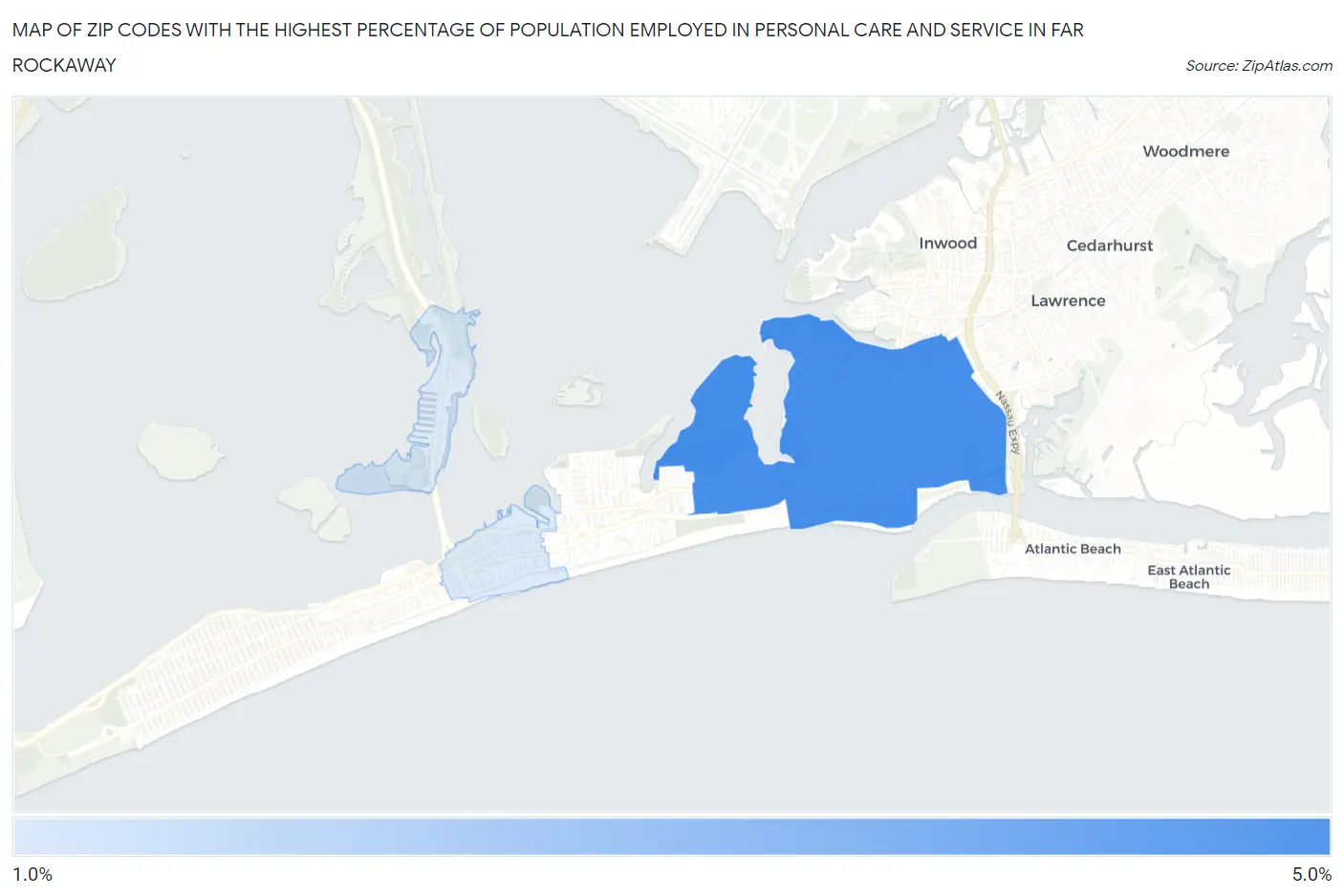 Zip Codes with the Highest Percentage of Population Employed in Personal Care and Service in Far Rockaway Map