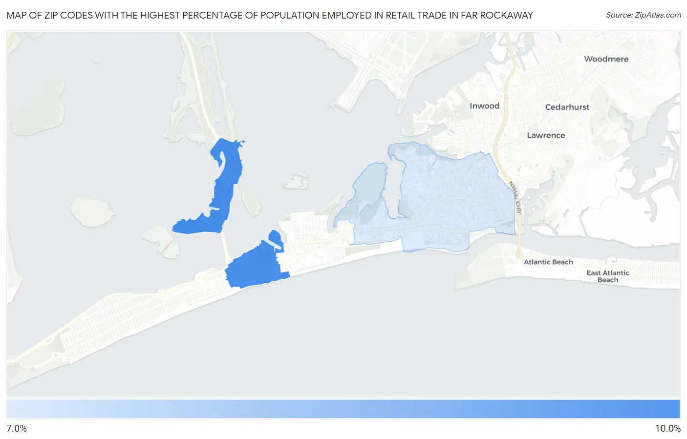 Zip Codes with the Highest Percentage of Population Employed in Retail Trade in Far Rockaway Map