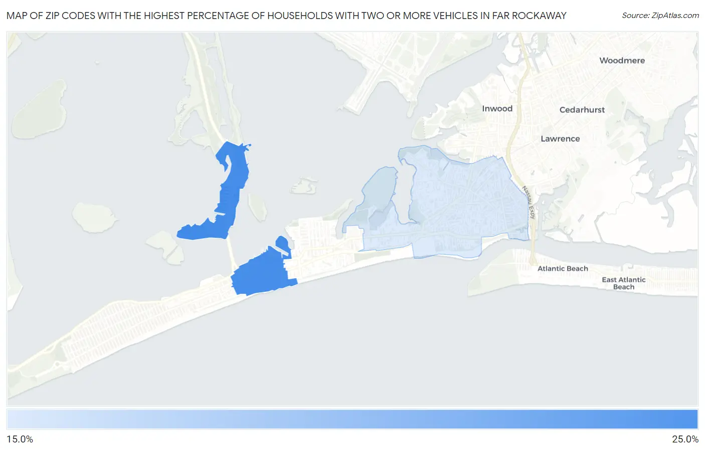 Zip Codes with the Highest Percentage of Households With Two or more Vehicles in Far Rockaway Map