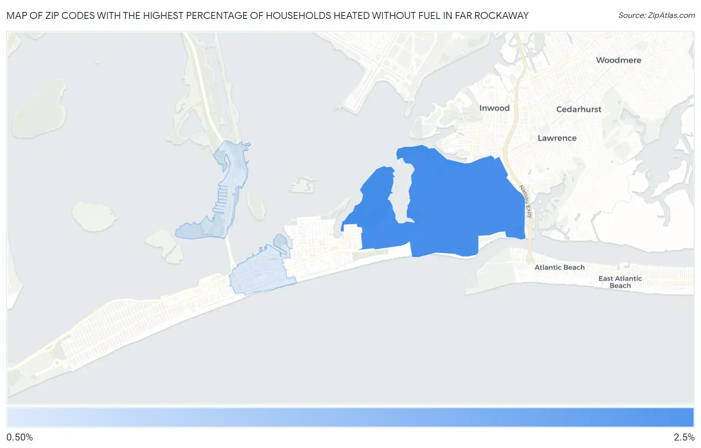Zip Codes with the Highest Percentage of Households Heated without Fuel in Far Rockaway Map