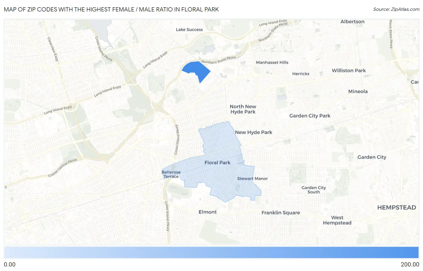 Zip Codes with the Highest Female / Male Ratio in Floral Park Map