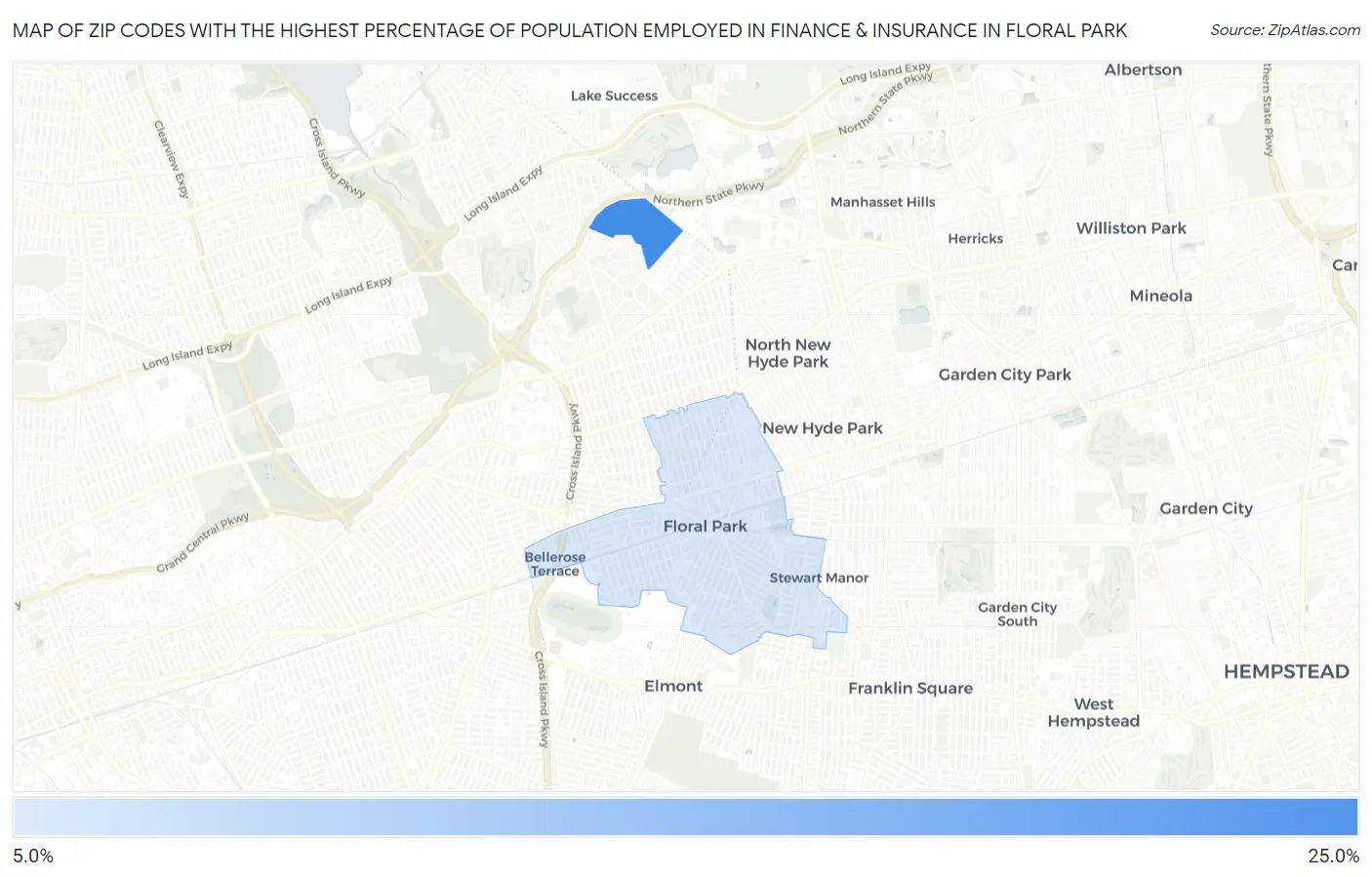 Zip Codes with the Highest Percentage of Population Employed in Finance & Insurance in Floral Park Map