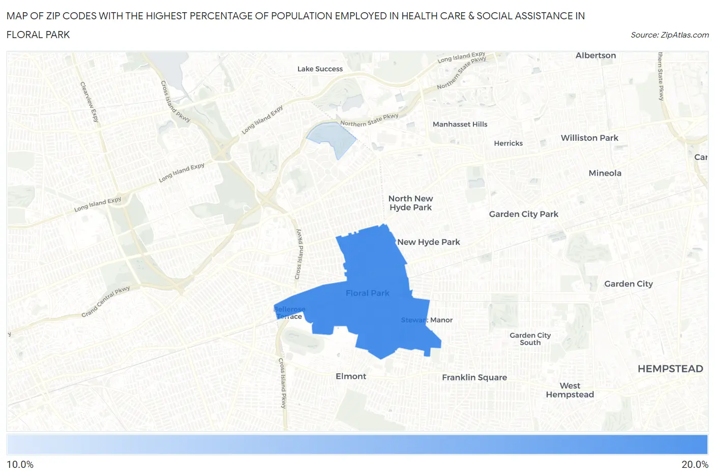Zip Codes with the Highest Percentage of Population Employed in Health Care & Social Assistance in Floral Park Map