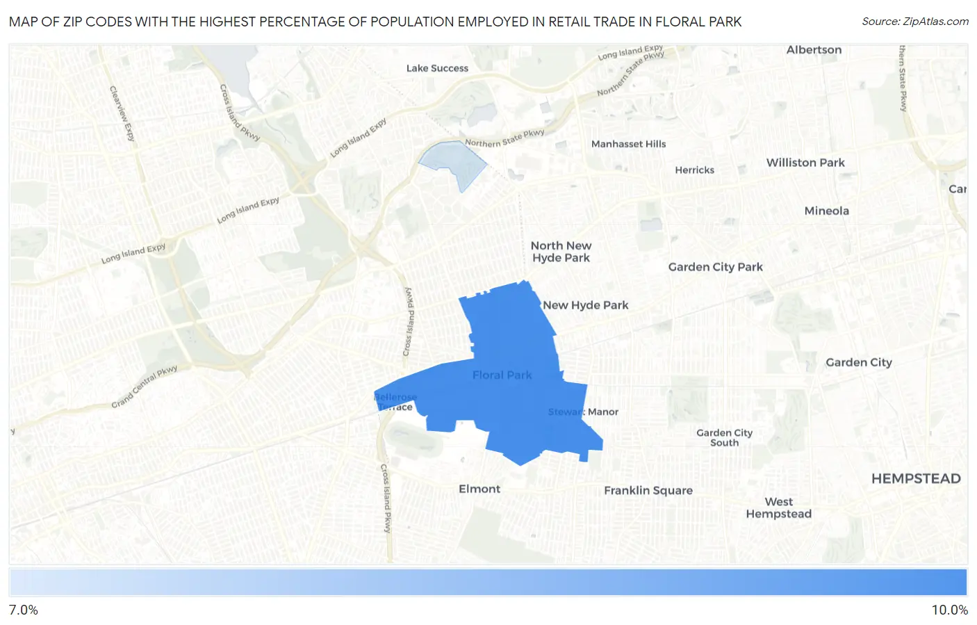 Zip Codes with the Highest Percentage of Population Employed in Retail Trade in Floral Park Map
