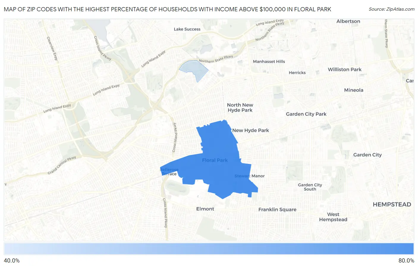 Zip Codes with the Highest Percentage of Households with Income Above $100,000 in Floral Park Map