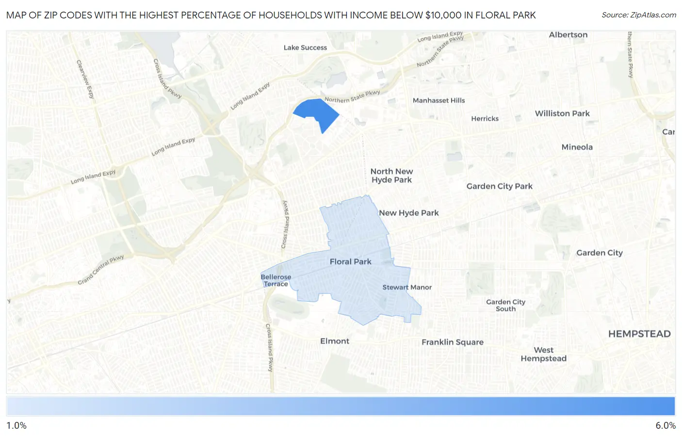 Zip Codes with the Highest Percentage of Households with Income Below $10,000 in Floral Park Map