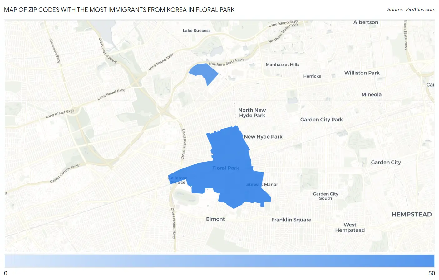 Zip Codes with the Most Immigrants from Korea in Floral Park Map