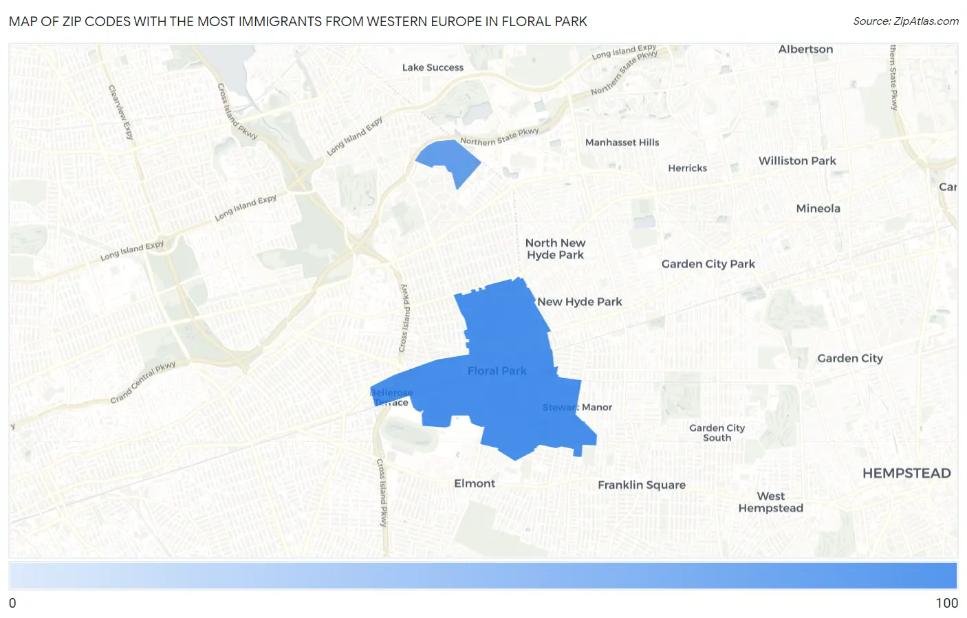 Zip Codes with the Most Immigrants from Western Europe in Floral Park Map