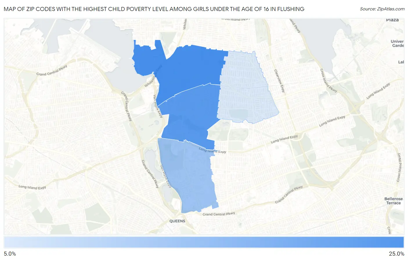 Zip Codes with the Highest Child Poverty Level Among Girls Under the Age of 16 in Flushing Map