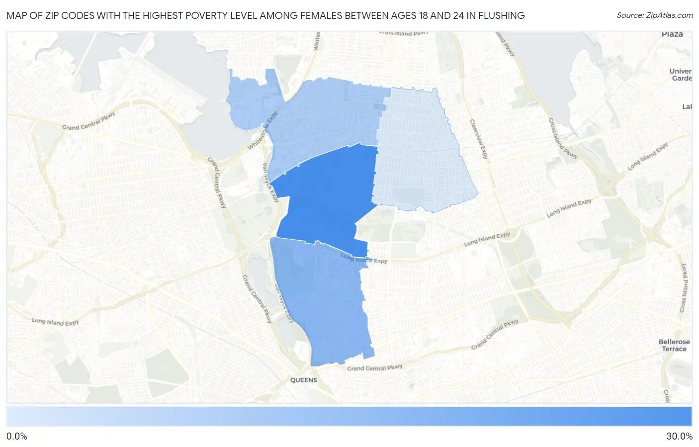 Zip Codes with the Highest Poverty Level Among Females Between Ages 18 and 24 in Flushing Map
