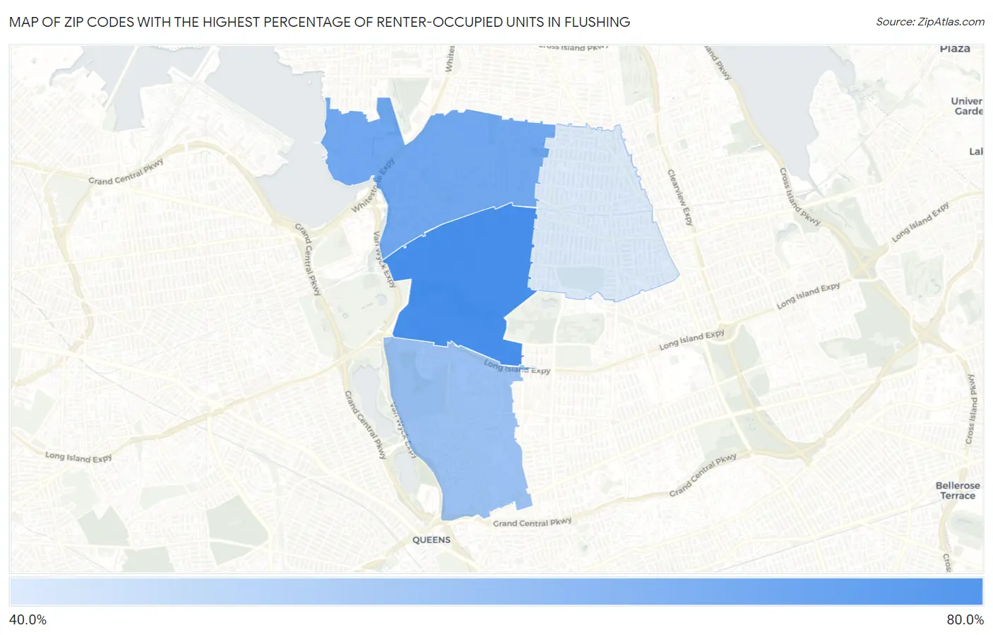 Zip Codes with the Highest Percentage of Renter-Occupied Units in Flushing Map