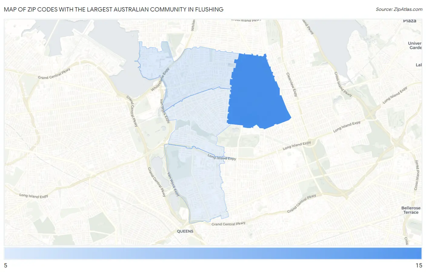 Zip Codes with the Largest Australian Community in Flushing Map