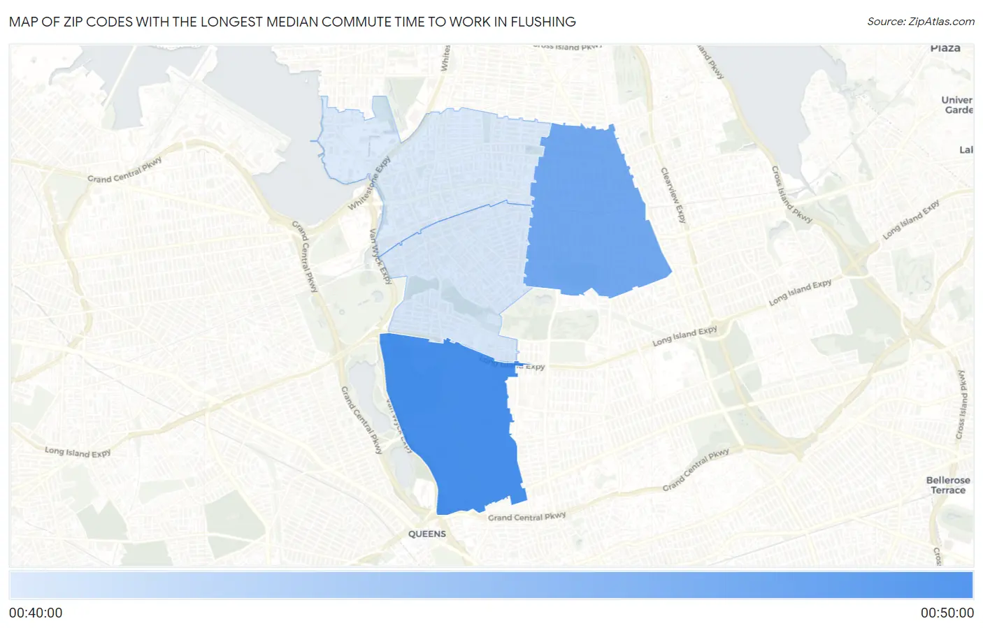 Zip Codes with the Longest Median Commute Time to Work in Flushing Map