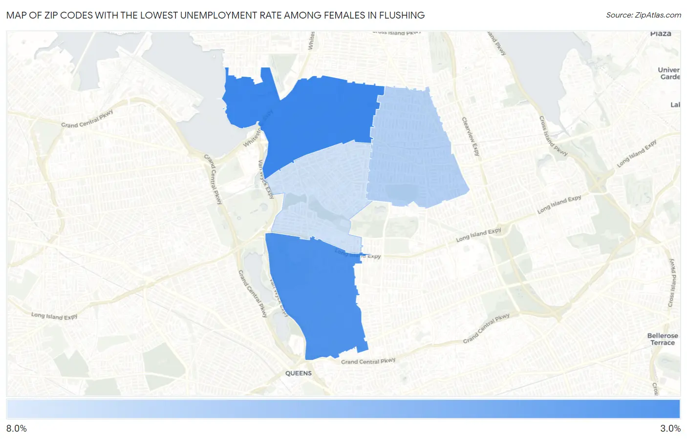 Zip Codes with the Lowest Unemployment Rate Among Females in Flushing Map