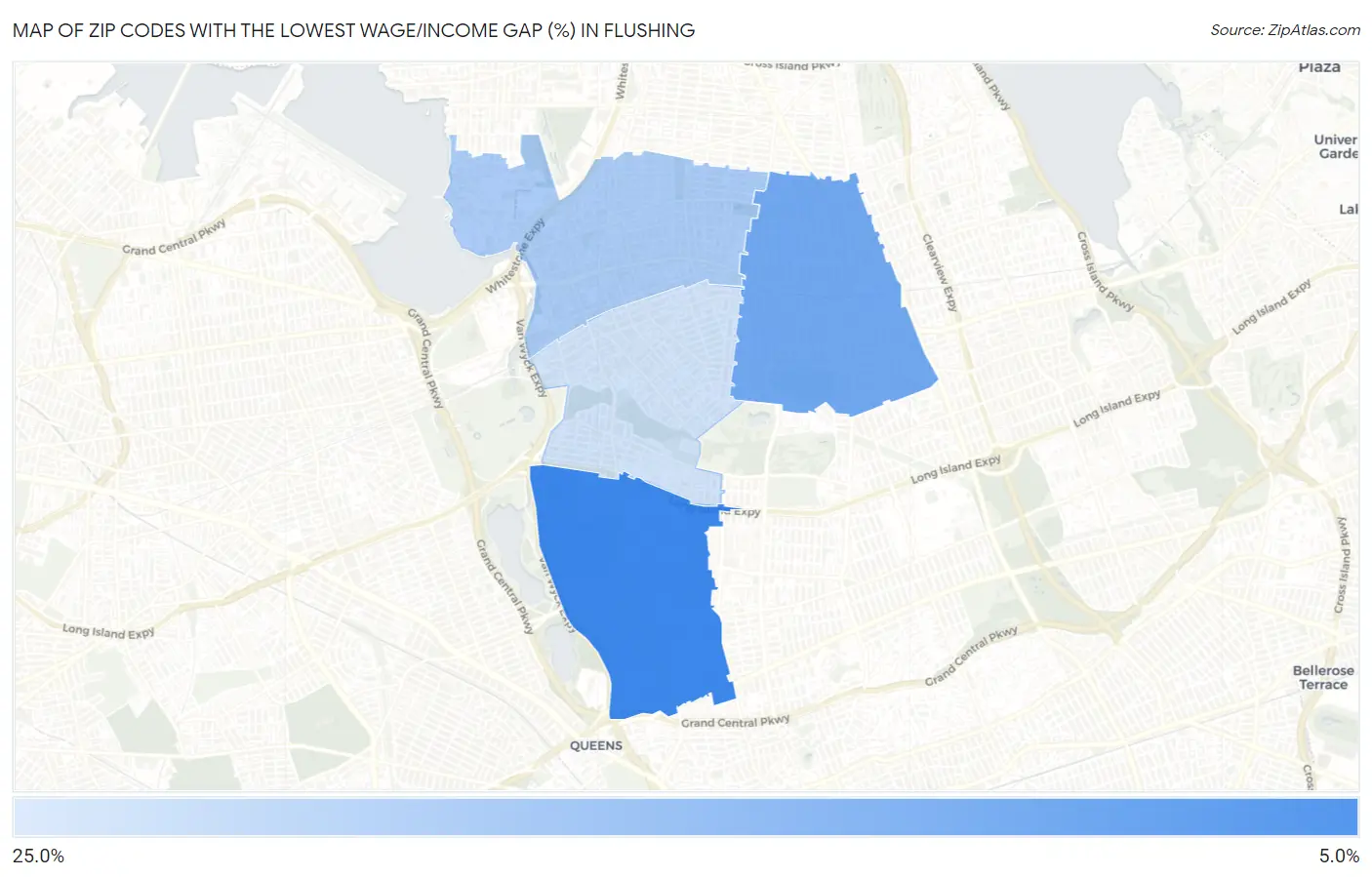 Zip Codes with the Lowest Wage/Income Gap (%) in Flushing Map