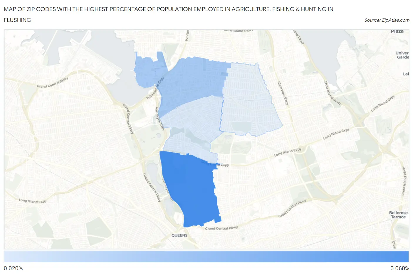 Zip Codes with the Highest Percentage of Population Employed in Agriculture, Fishing & Hunting in Flushing Map