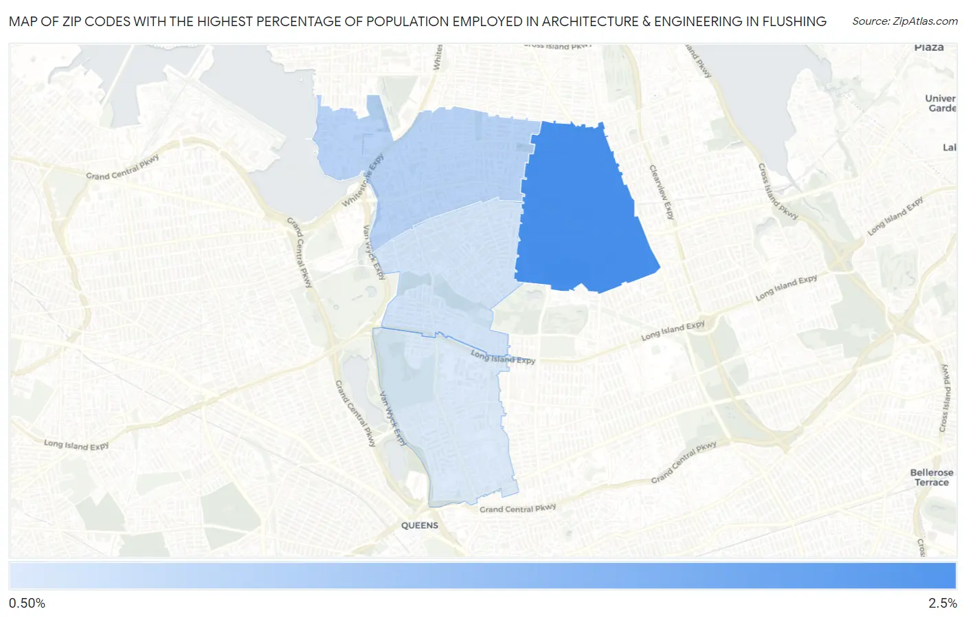 Zip Codes with the Highest Percentage of Population Employed in Architecture & Engineering in Flushing Map