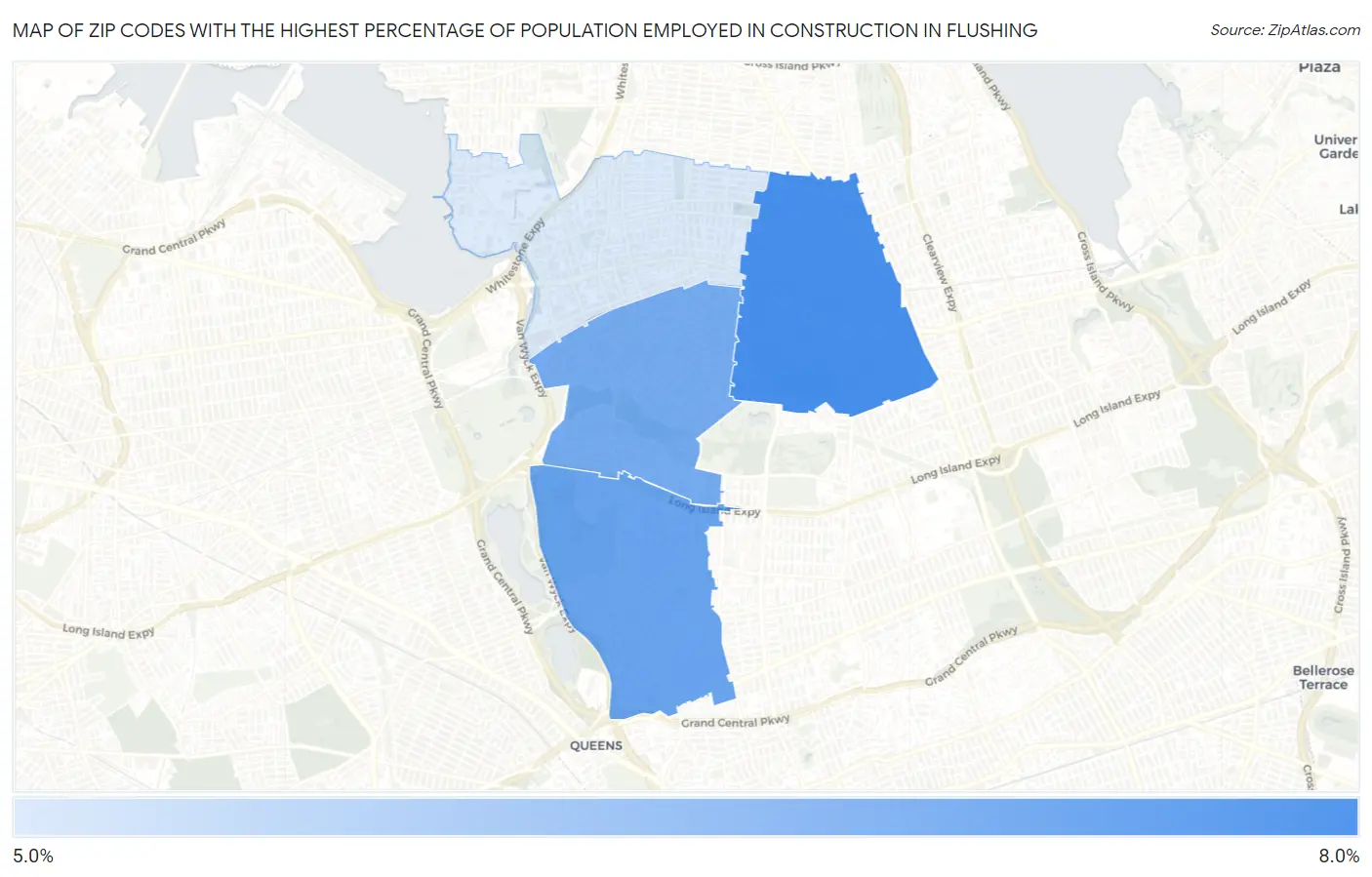Zip Codes with the Highest Percentage of Population Employed in Construction in Flushing Map