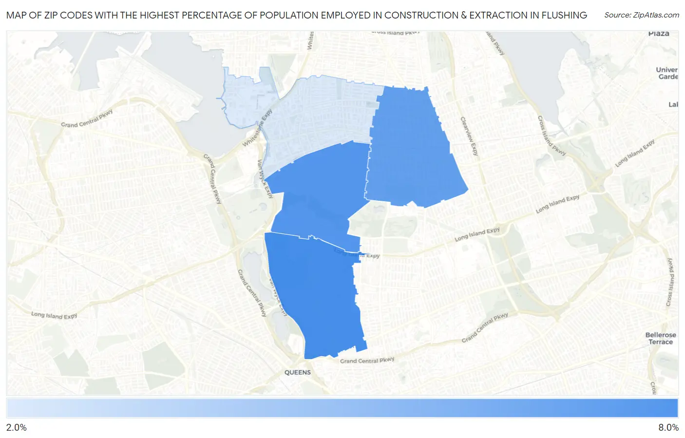Zip Codes with the Highest Percentage of Population Employed in Construction & Extraction in Flushing Map