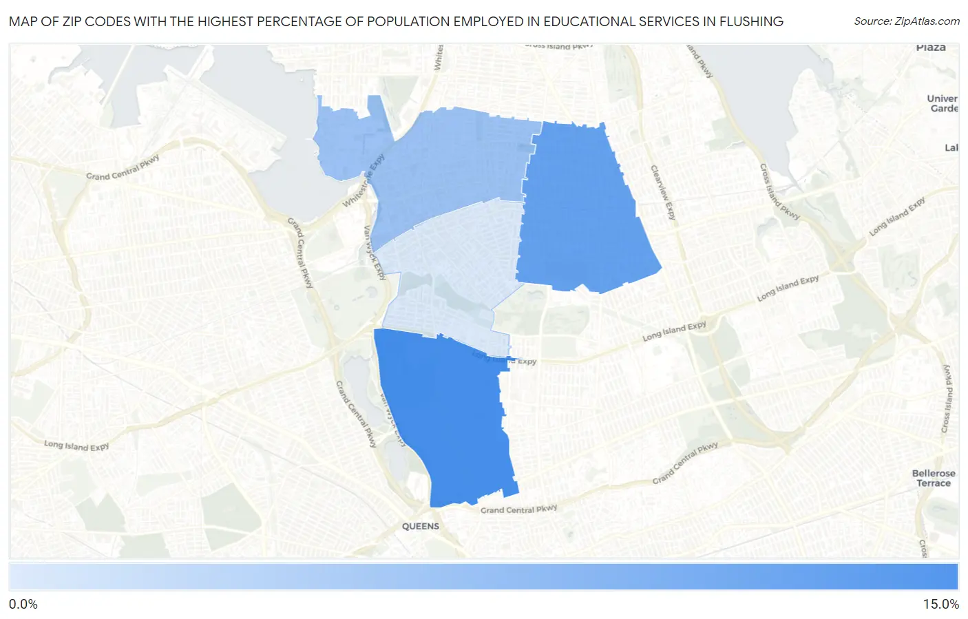 Zip Codes with the Highest Percentage of Population Employed in Educational Services in Flushing Map