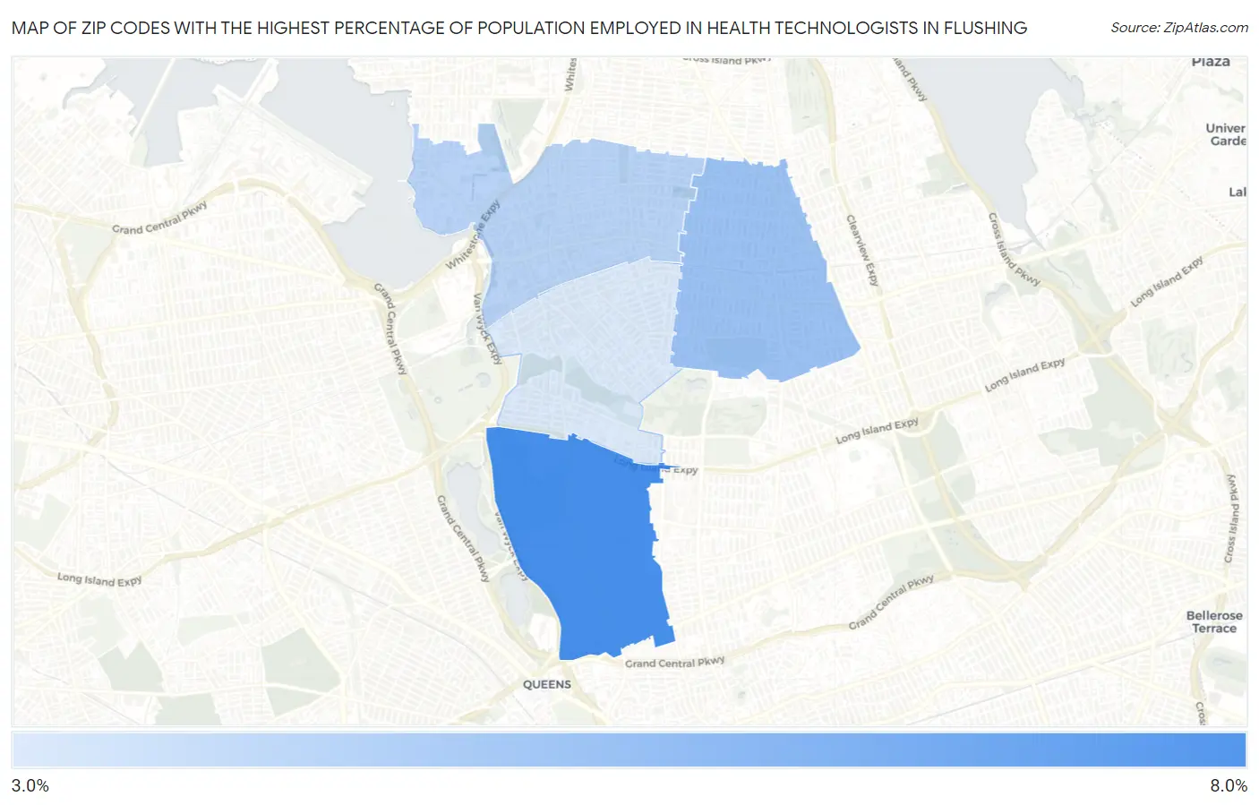 Zip Codes with the Highest Percentage of Population Employed in Health Technologists in Flushing Map