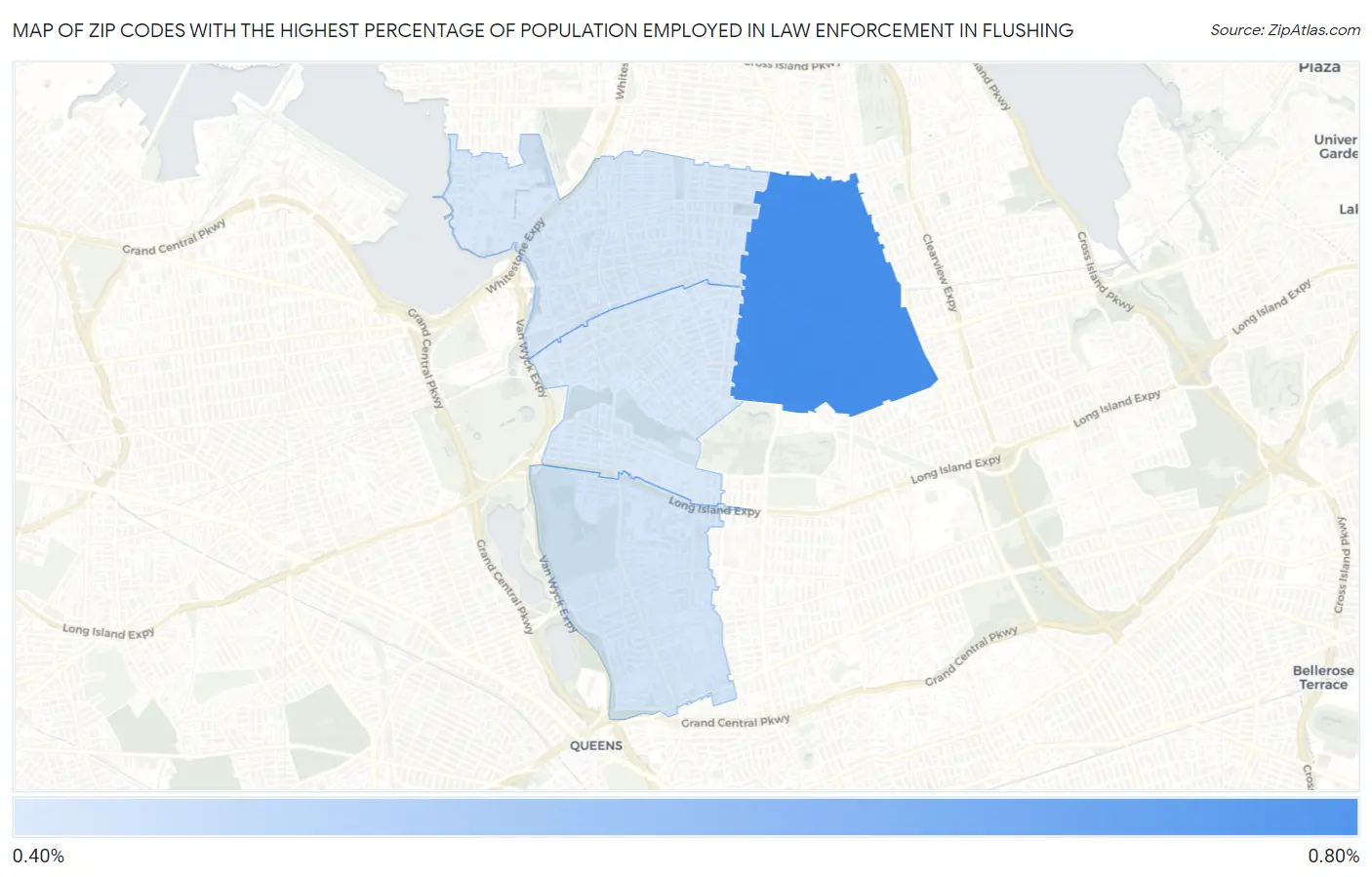 Zip Codes with the Highest Percentage of Population Employed in Law Enforcement in Flushing Map
