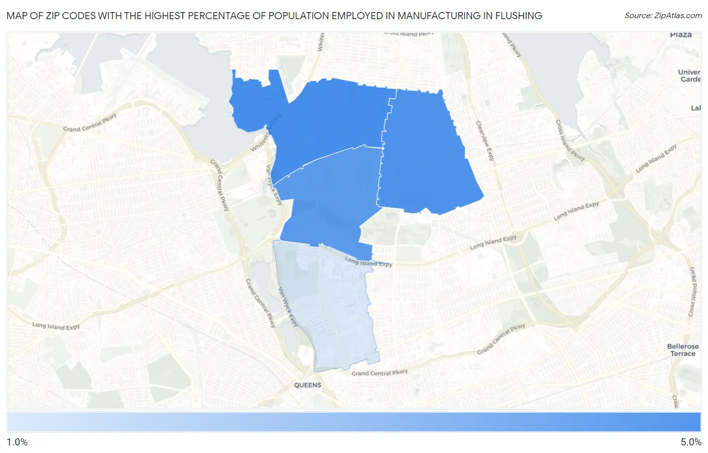 Zip Codes with the Highest Percentage of Population Employed in Manufacturing in Flushing Map
