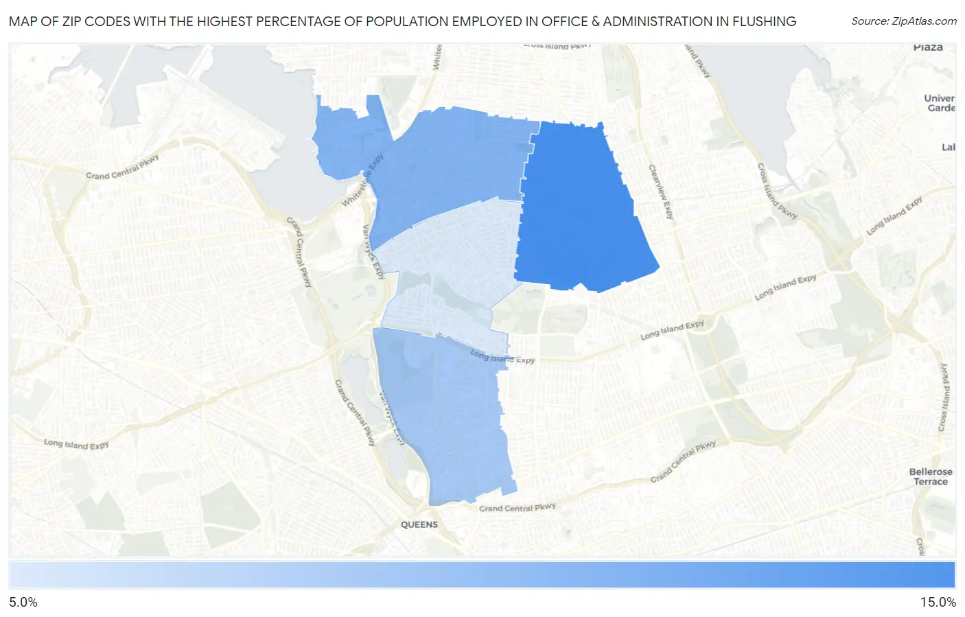 Zip Codes with the Highest Percentage of Population Employed in Office & Administration in Flushing Map