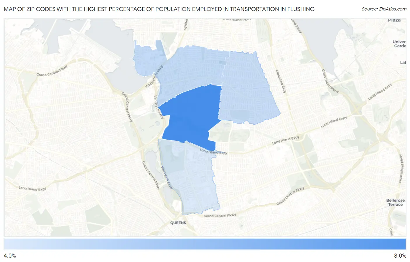 Zip Codes with the Highest Percentage of Population Employed in Transportation in Flushing Map