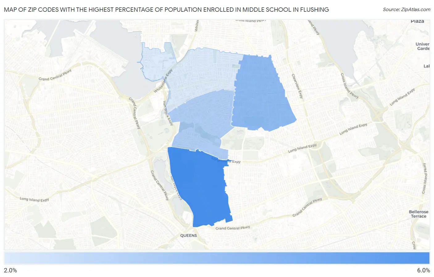 Zip Codes with the Highest Percentage of Population Enrolled in Middle School in Flushing Map