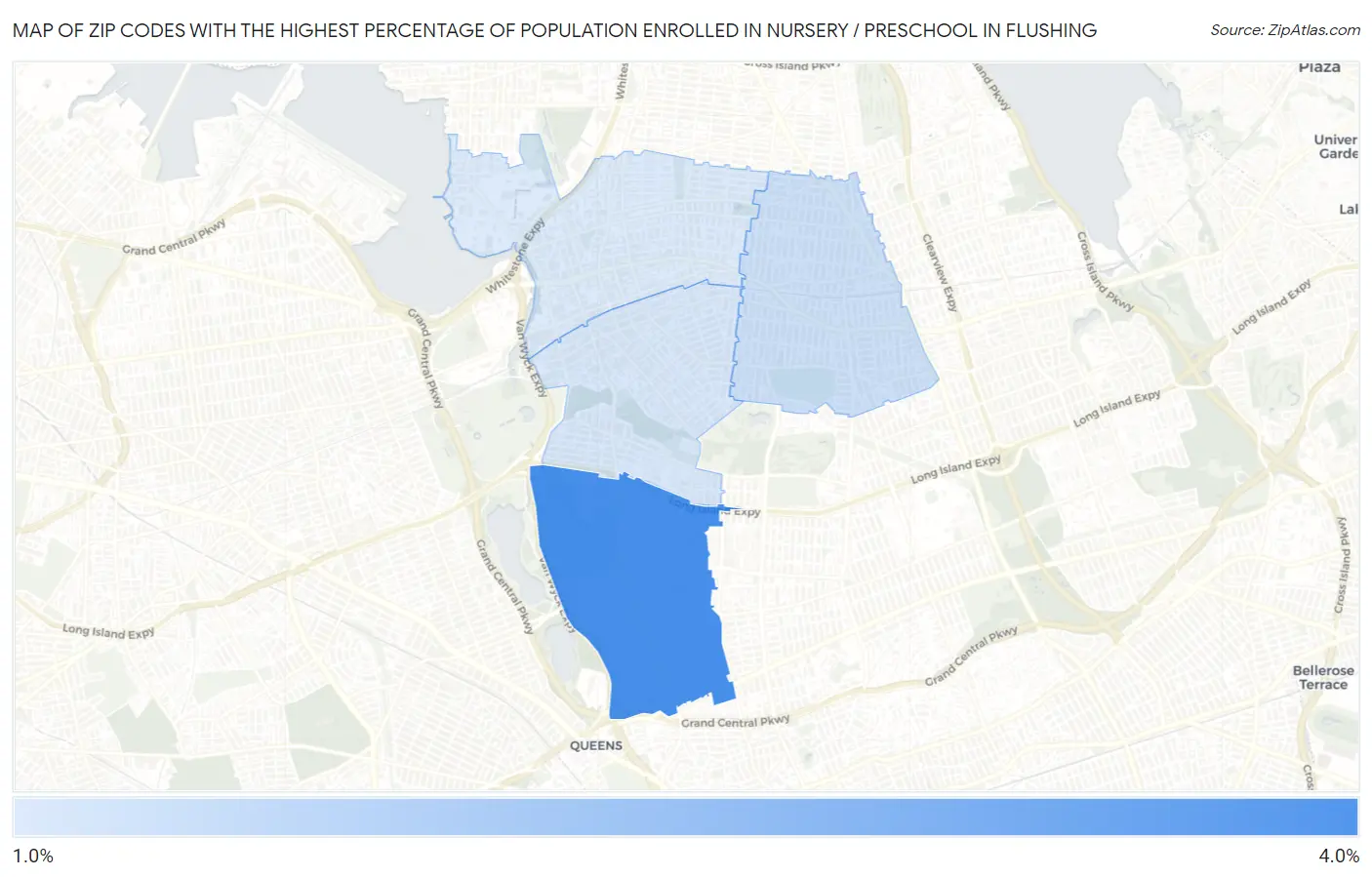 Zip Codes with the Highest Percentage of Population Enrolled in Nursery / Preschool in Flushing Map