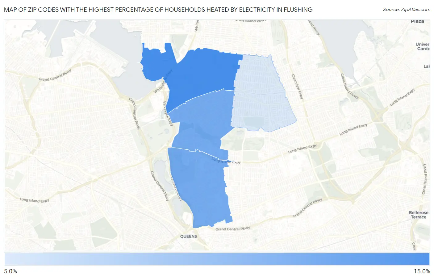 Zip Codes with the Highest Percentage of Households Heated by Electricity in Flushing Map