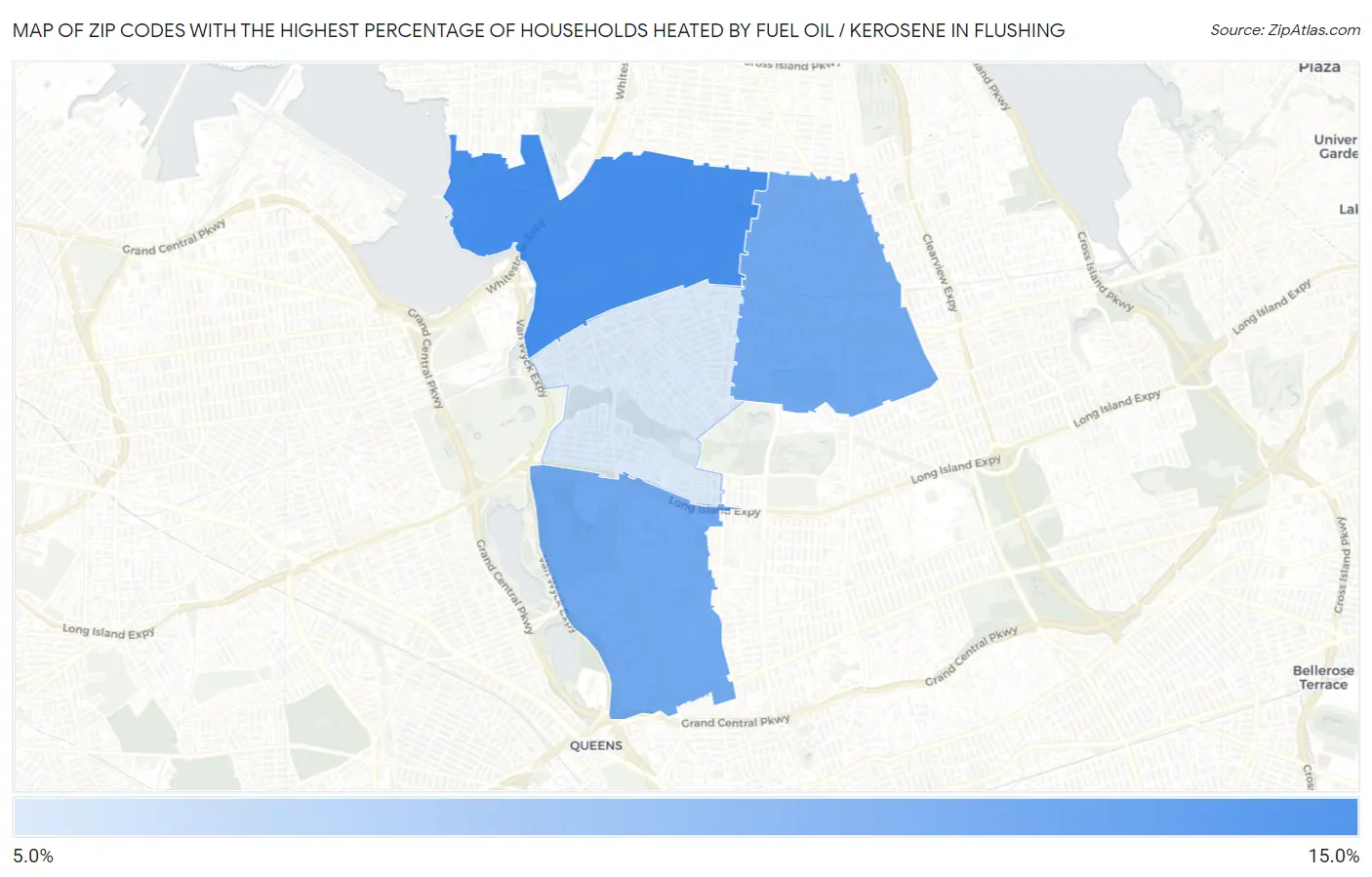 Zip Codes with the Highest Percentage of Households Heated by Fuel Oil / Kerosene in Flushing Map