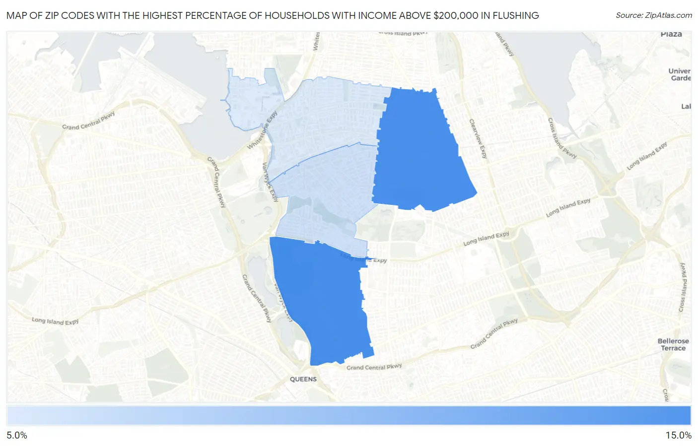 Zip Codes with the Highest Percentage of Households with Income Above $200,000 in Flushing Map