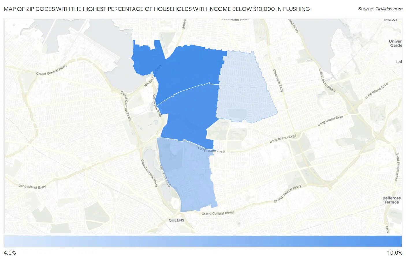 Zip Codes with the Highest Percentage of Households with Income Below $10,000 in Flushing Map