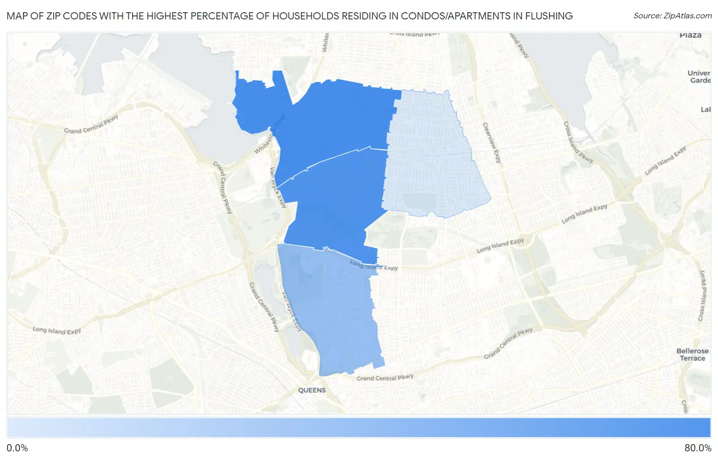 Zip Codes with the Highest Percentage of Households Residing in Condos/Apartments in Flushing Map