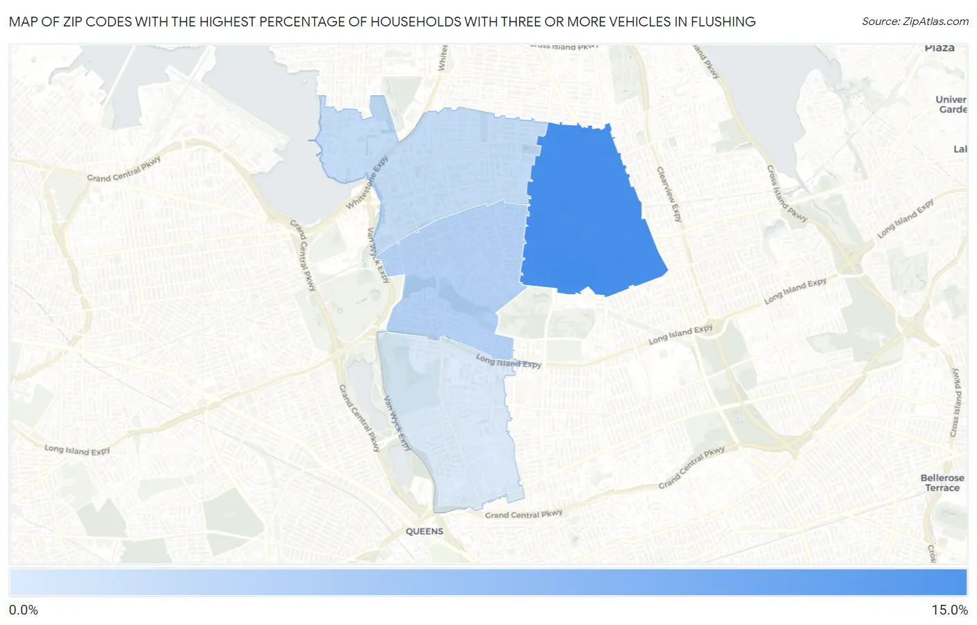 Zip Codes with the Highest Percentage of Households With Three or more Vehicles in Flushing Map