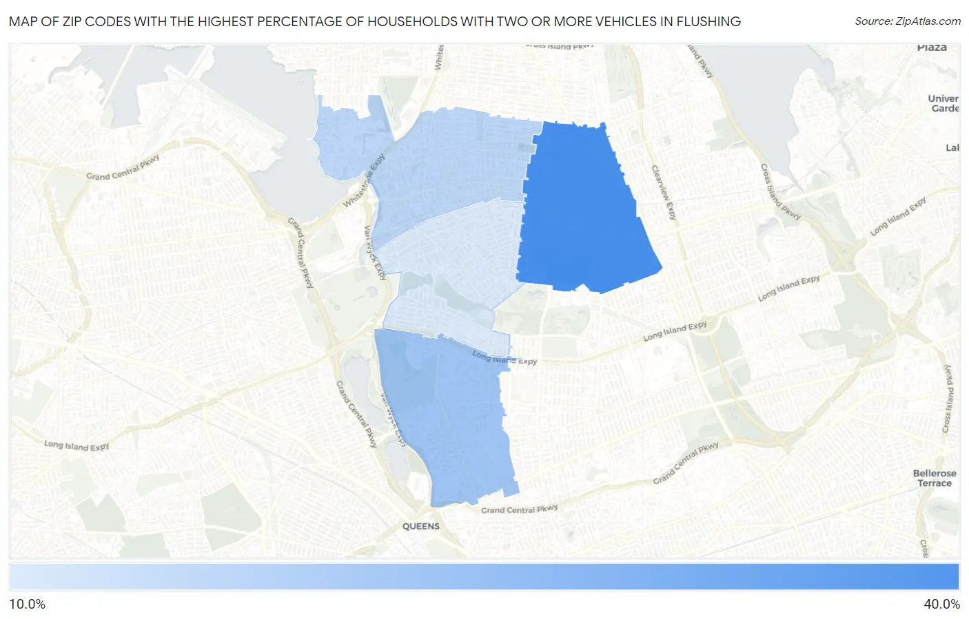 Zip Codes with the Highest Percentage of Households With Two or more Vehicles in Flushing Map