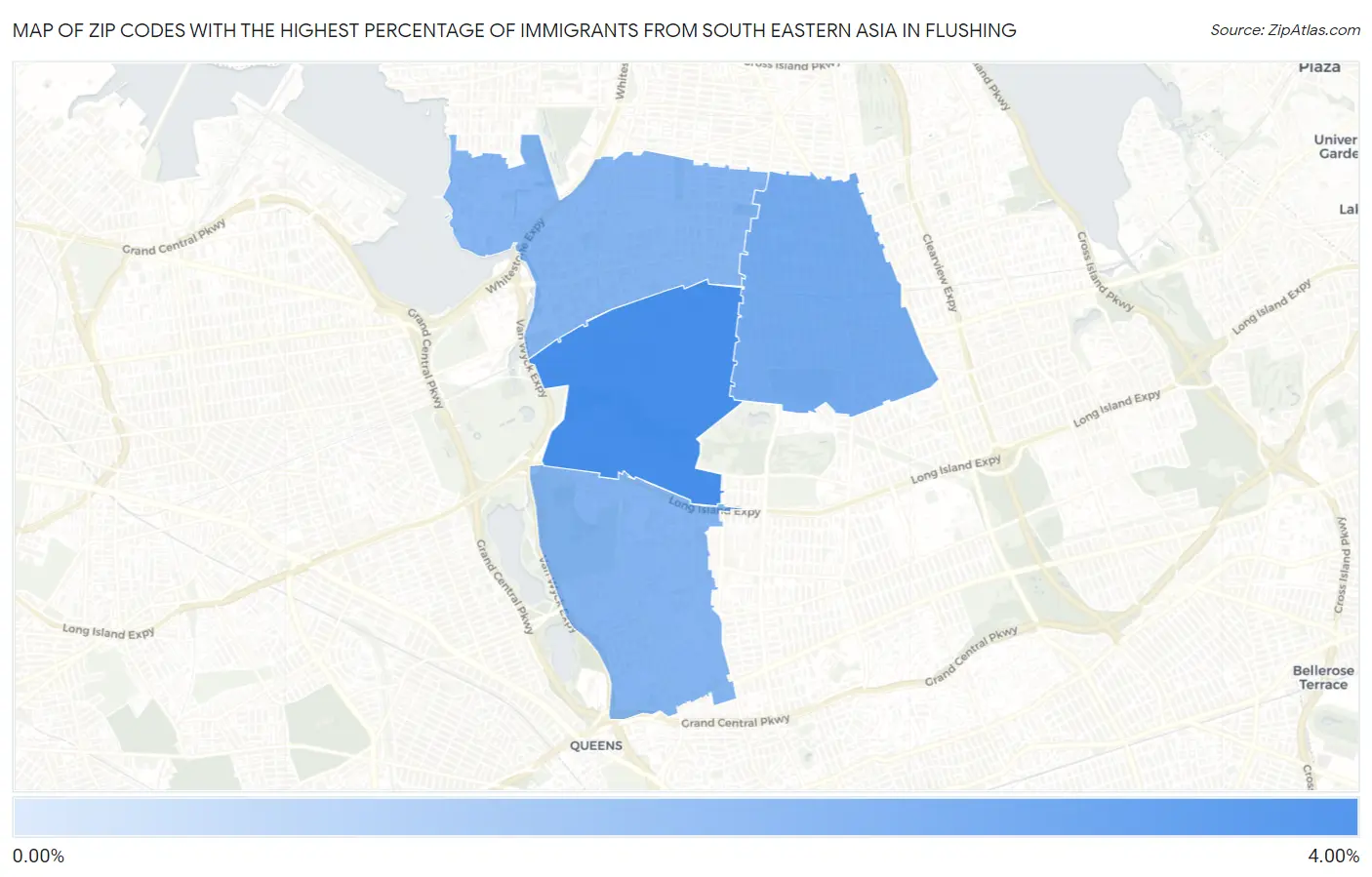Zip Codes with the Highest Percentage of Immigrants from South Eastern Asia in Flushing Map