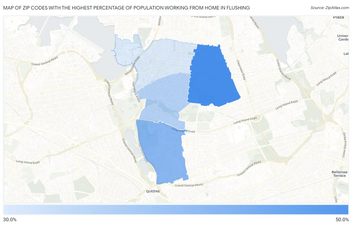 Zip Codes with the Highest Percentage of Population Working from Home in Flushing Map