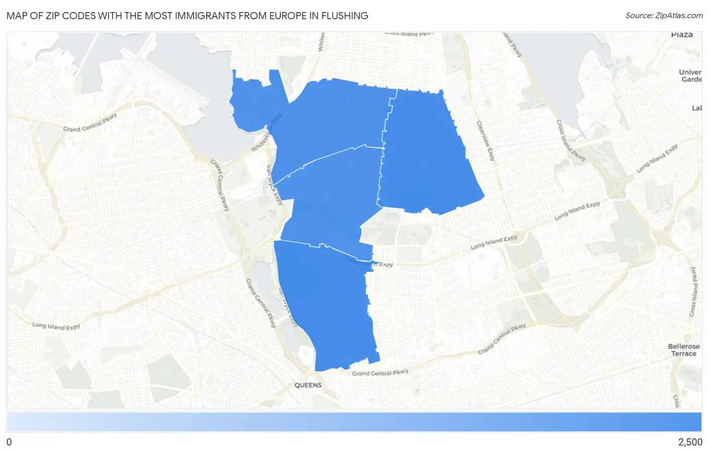 Zip Codes with the Most Immigrants from Europe in Flushing Map
